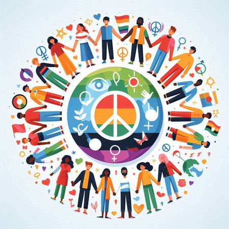 International day of peace concept. Group of people around the peace sign. Flat vector illustration.のイラスト素材