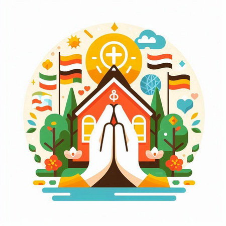 Vector illustration of Christian church in flat style. Christian church with cross, hands and flowers.のイラスト素材