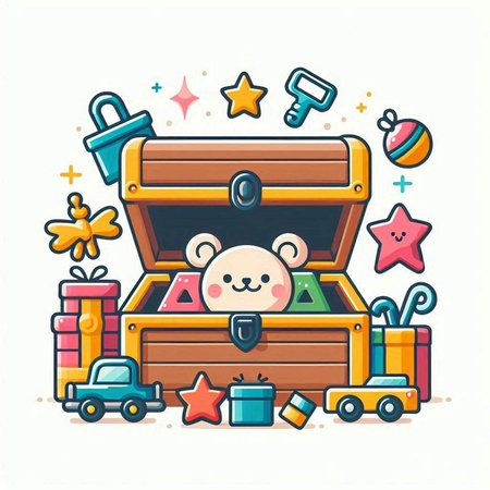 Cute bear in a wooden treasure chest. Colorful vector illustrationのイラスト素材