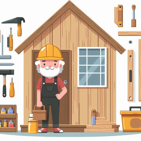 Carpenter with tools in the house. Cartoon vector illustration.のイラスト素材