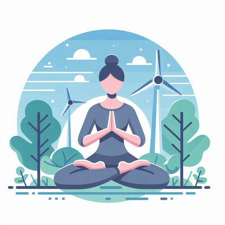 Woman meditating on the background of wind turbines. Vector illustration.のイラスト素材