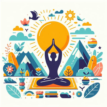 Vector illustration of yoga and meditation in flat design style with mountains, flowers, sun, clouds, birds and plants.のイラスト素材