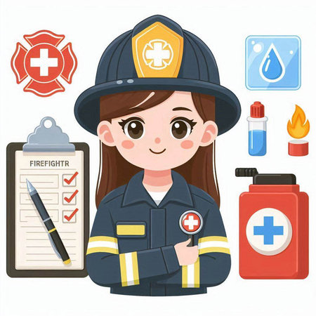 Illustration of a firefighter girl holding a clipboard and a checklist.のイラスト素材