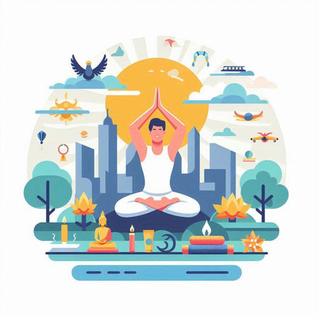 Vector illustration of yoga and meditation in the city. Flat style.のイラスト素材