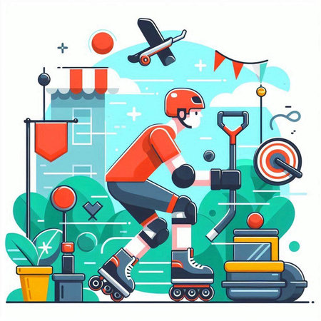 Roller skating flat vector illustration. Skateboarder riding on the road.のイラスト素材