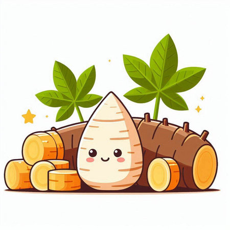 Cute kawaii cassava. Vector illustration isolated on white backgroundのイラスト素材