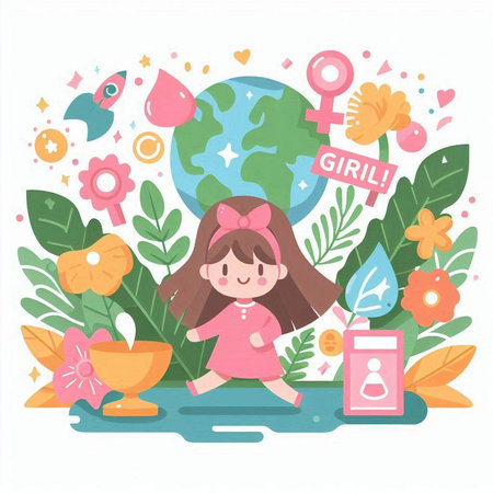 Cute little girl in pink dress playing with flowers and plants. Vector illustration.のイラスト素材