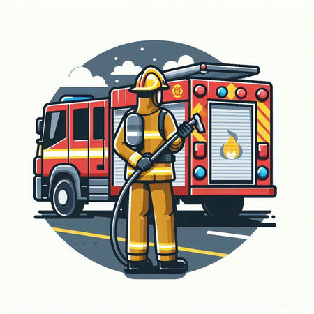 Fireman and fire truck. Vector illustration on white background. Flat style.のイラスト素材