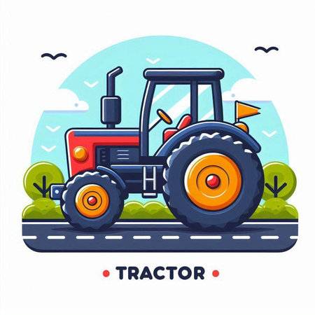 Tractor on the road. Vector illustration in flat cartoon style.のイラスト素材