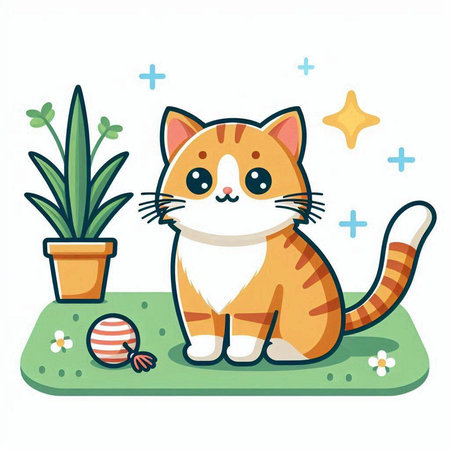 Cute cat sitting on the grass. Vector illustration in cartoon style.のイラスト素材