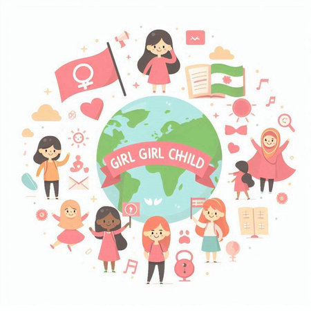 Girls go to school. Vector illustration of children around the globe.のイラスト素材