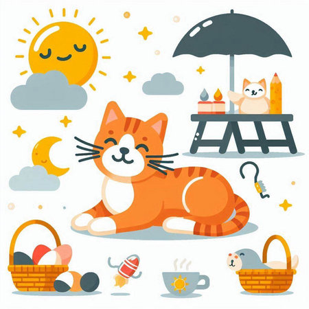 Cute cartoon cat with a basket of eggs. Vector illustration.のイラスト素材