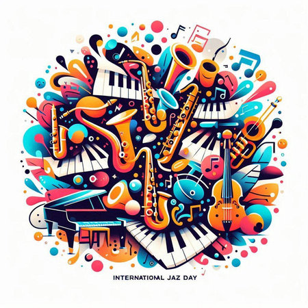 Music cartoon vector doodle illustration. Round composition with musical instruments and objectsのイラスト素材