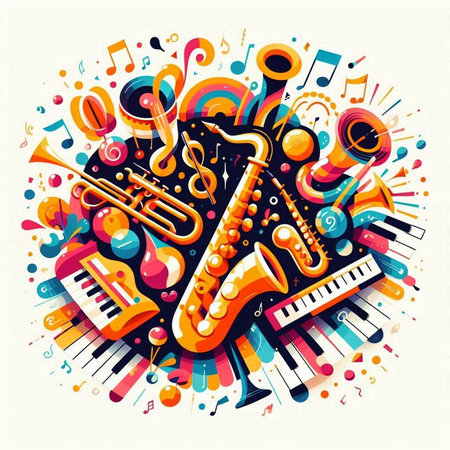 Colorful music background with instruments. Vector illustration for your design.のイラスト素材