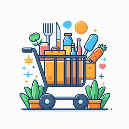 Food delivery service. Shopping cart with food and drinks. Vector illustration.のイラスト素材