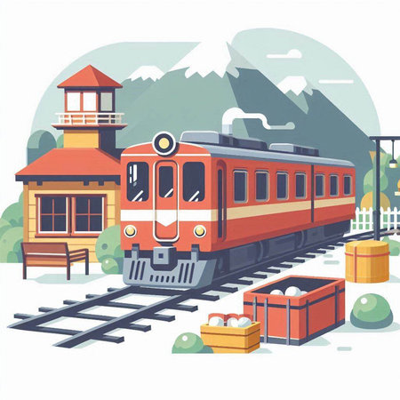 Train in the mountains. Vector illustration in flat cartoon style. Travel and tourism.のイラスト素材