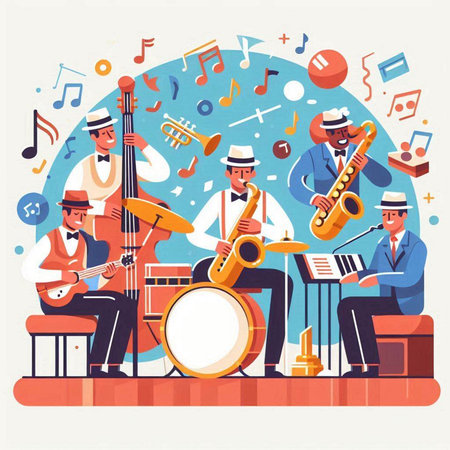 Musicians playing musical instruments, flat vector illustration. Musicians playing instruments, trumpet, saxophone, tambourine.のイラスト素材