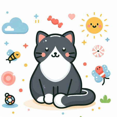 Cute cartoon cat on a white background. Vector illustration in a flat style.のイラスト素材
