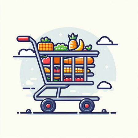 Cart with shopping cart full of fruits and vegetables. Vector illustration.のイラスト素材