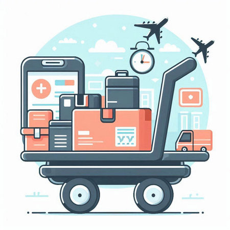 Flat design vector illustration concept of online delivery service. Smartphone, mobile phone, luggage cart, airplane and boxes.のイラスト素材
