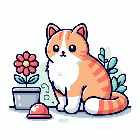 Cute cat sitting with flower in pot. Vector cartoon illustration.のイラスト素材