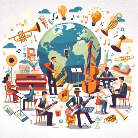 Music festival composition with people playing musical instruments on white background vector illustrationのイラスト素材