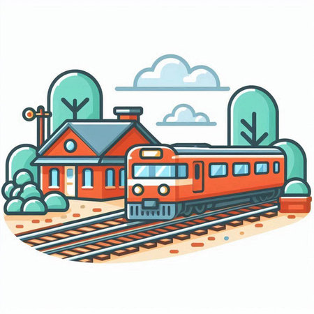 Train on railroad tracks. Railway station. Vector illustration in flat styleのイラスト素材