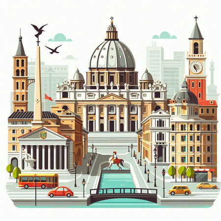 Panoramic view of Rome, Italy. Vector illustration in retro styleのイラスト素材