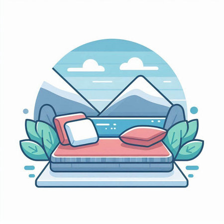 Vector illustration of a bed with a pillow and a blanket in a flat styleのイラスト素材