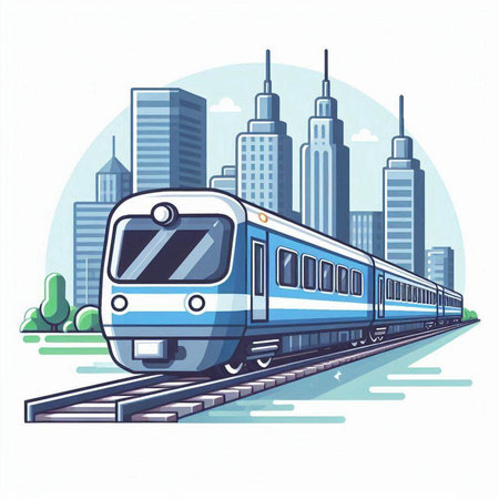 Modern high-speed train on the background of the city. Vector illustrationのイラスト素材