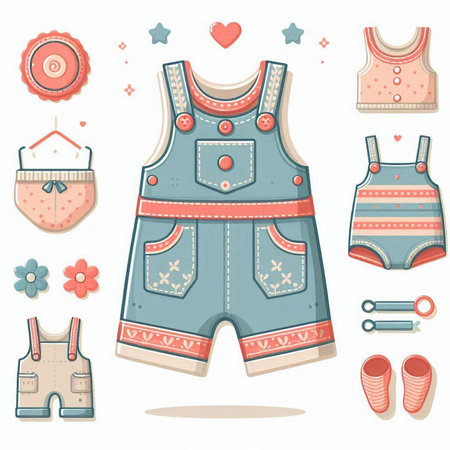 Set of baby clothes and accessories. Vector illustration in flat style.のイラスト素材