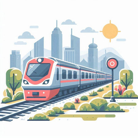 Modern train on the background of the modern city. Vector illustration.のイラスト素材