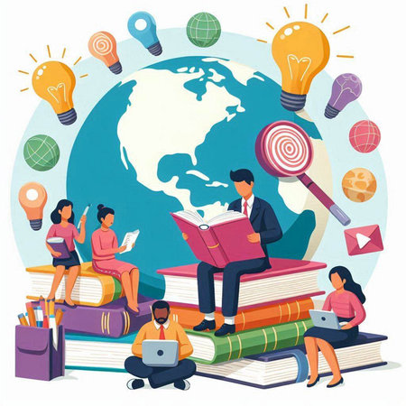 People reading books around the world. Education and learning concept. Vector illustrationのイラスト素材