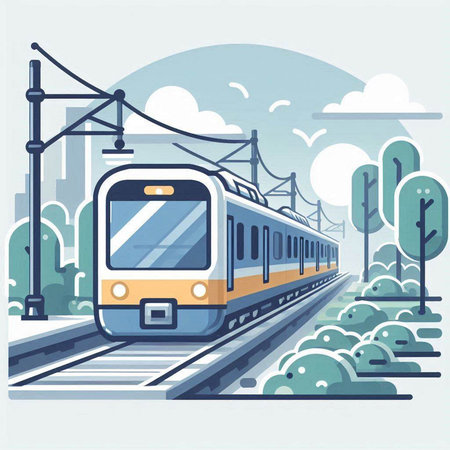 Modern high-speed train on the background of the city. Vector illustrationのイラスト素材
