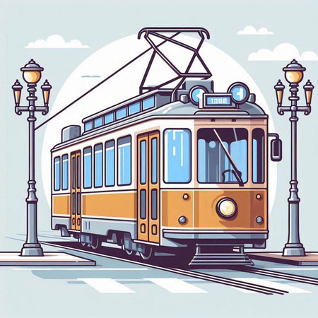 Retro tram in the city. Vector illustration in retro style.のイラスト素材