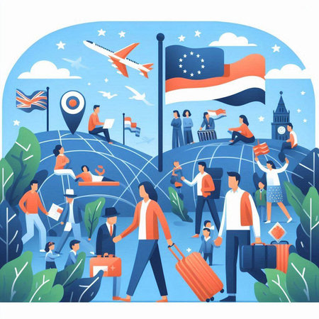 Traveling in United States of America flat vector illustration. Tourists with luggage, passport, map, flag and flag of United States.のイラスト素材