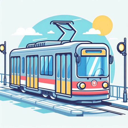 Tram in the city. Vector illustration in flat cartoon style.のイラスト素材