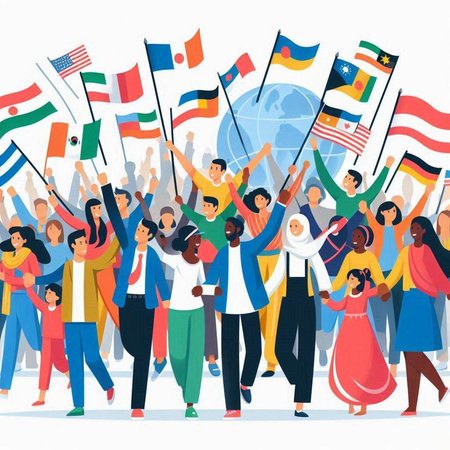 People holding flags of different countries. Vector illustration in flat cartoon styleのイラスト素材