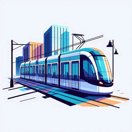 Modern high-speed train on the background of the modern city. Vector illustrationのイラスト素材