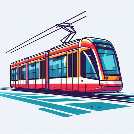 Modern tram in the city. Vector illustration on a white background.のイラスト素材