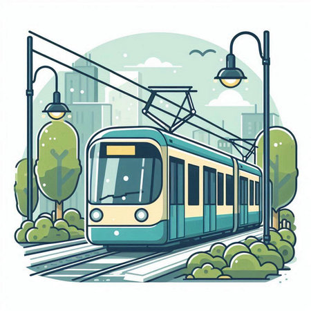 Modern tram on the city street. Vector illustration in flat style.のイラスト素材