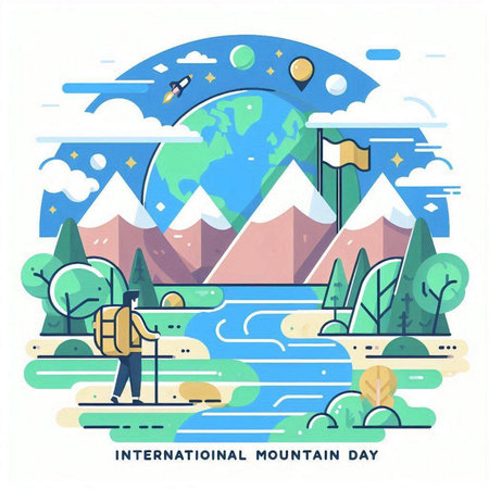 Vector illustration of international tourism day in flat style. Man with backpack standing near the river and looking at the map.のイラスト素材