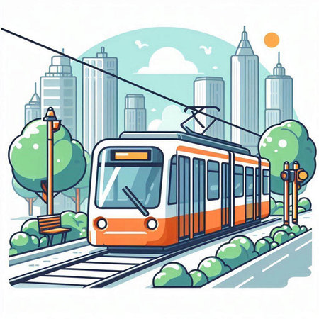 Orange tram on the city street. Vector illustration in flat style.のイラスト素材