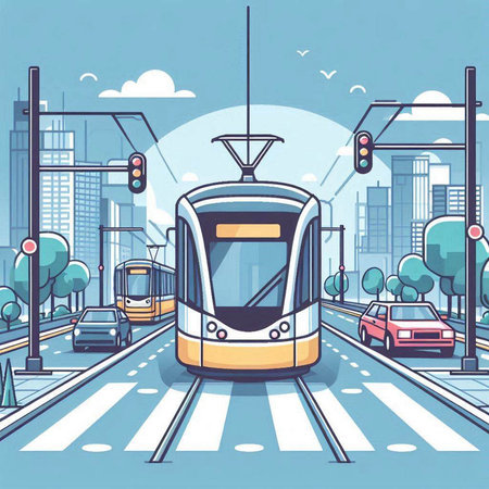 Modern tram on the city street. Vector illustration in flat style.のイラスト素材