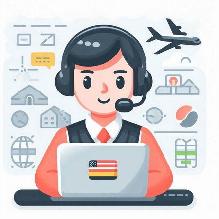 Cartoon call center operator with headset and laptop. Vector illustration.のイラスト素材