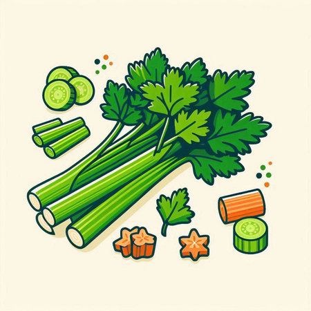 Celery, parsley, celery, cucumber, onion, dill. Vector illustration.のイラスト素材