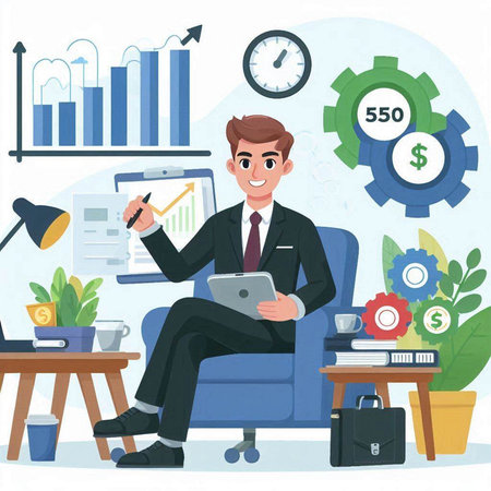 Businessman sitting in armchair and working on laptop. Vector illustrationのイラスト素材