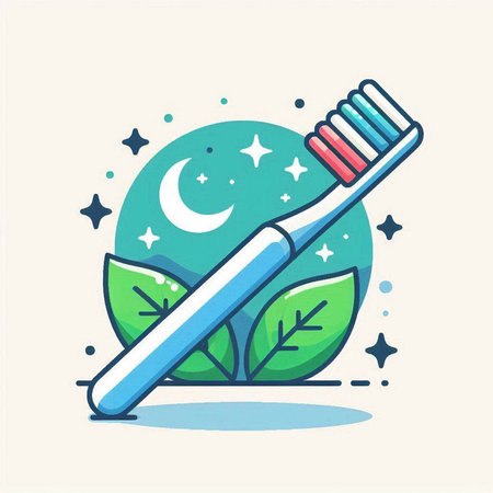 Toothbrush with toothpaste and green leaves. Vector illustration.のイラスト素材