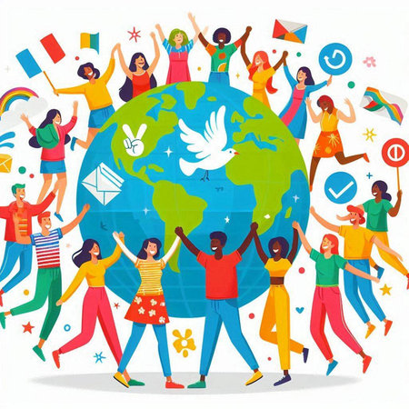 International Day of Peace. Group of young people around the globe. Vector illustration.のイラスト素材