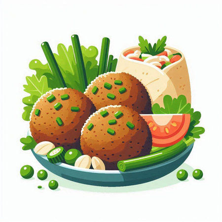 Vector illustration of falafel in plate with greens and tomato.のイラスト素材